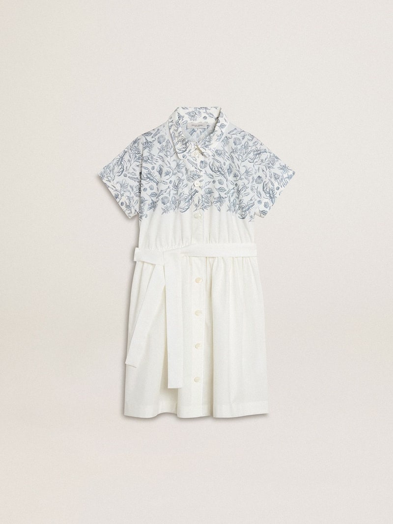 Abito chemisier da Bambina in canvas di cotone bianco con stampa marina blu e piping bianco