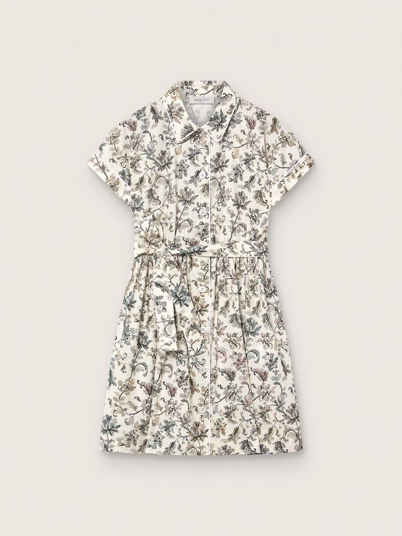 Abito da Bambina Journey in canvas di cotone bianco con stampa floreale verde