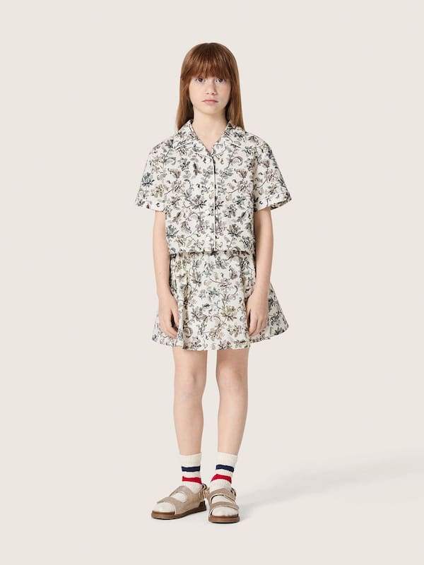 Minigonna da Bambina Journey in canvas di cotone bianco con stampa floreale verde