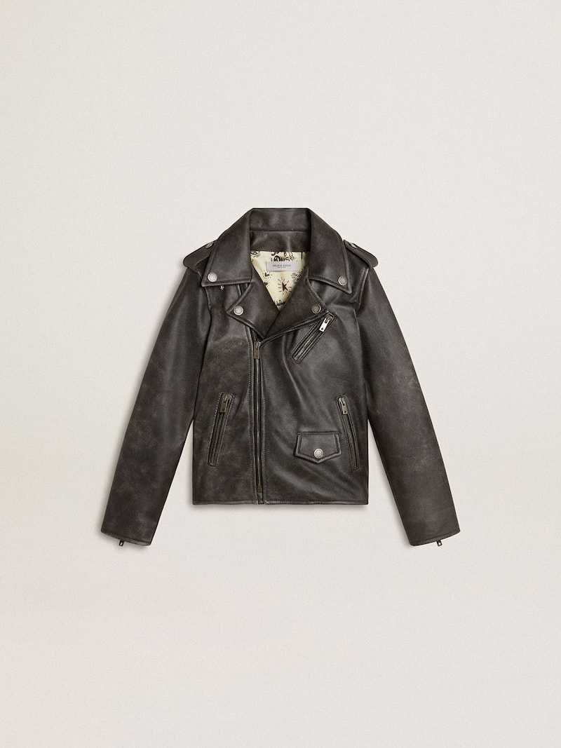 Kinder-Bikerjacke aus Leder mit Distressed-Finish