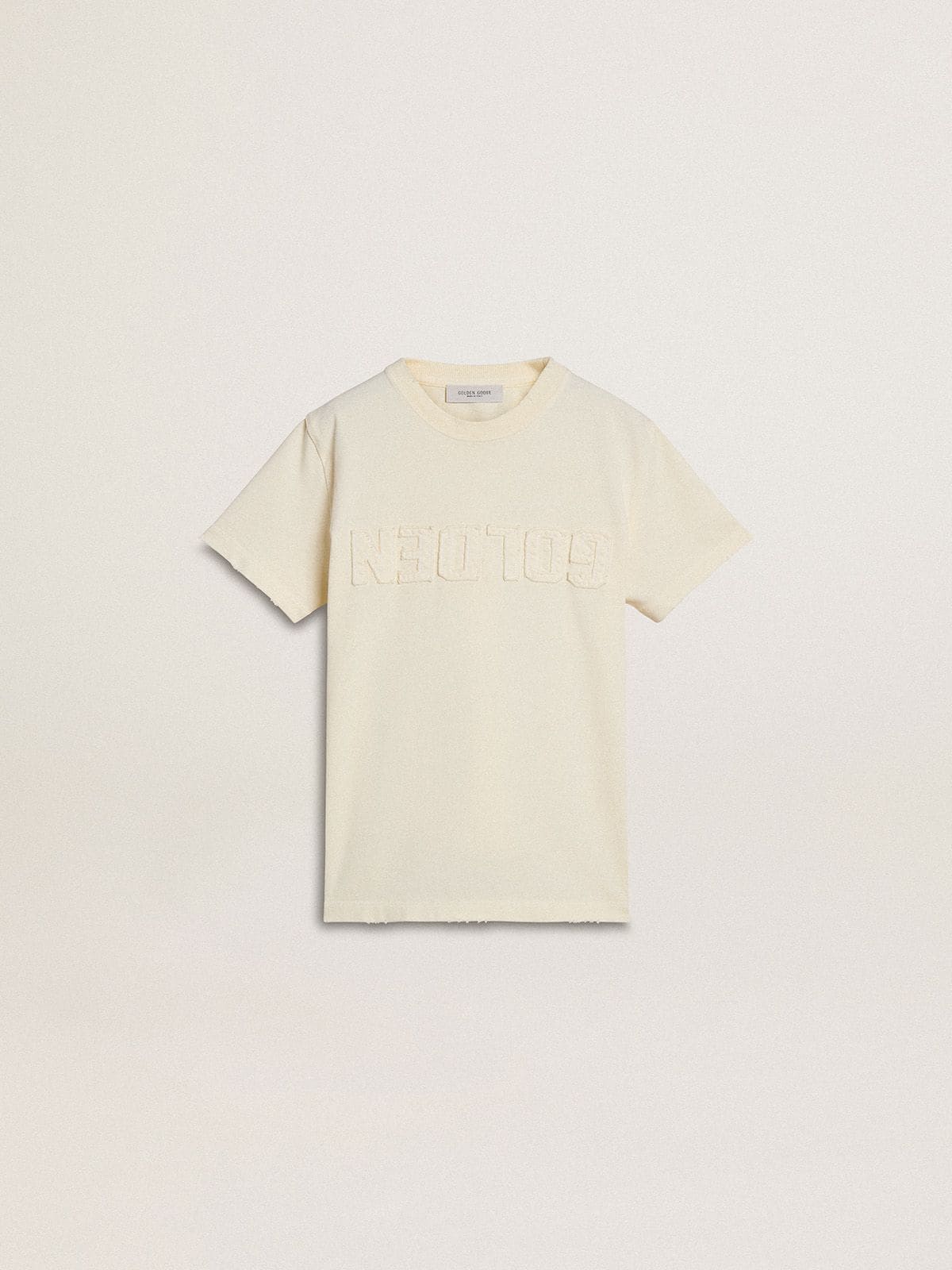 Golden Goose - Camiseta infantil masculina cor creme com logo em relevo  in 