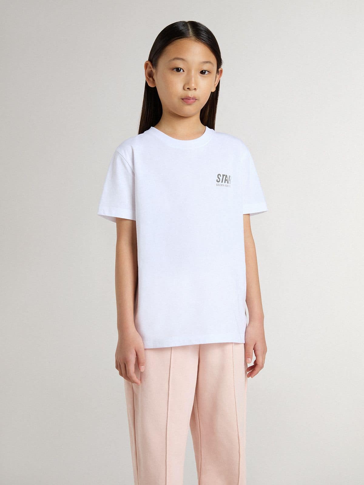 Golden Goose - T-shirt pour enfant en coton blanc avec imprimé argenté  in 