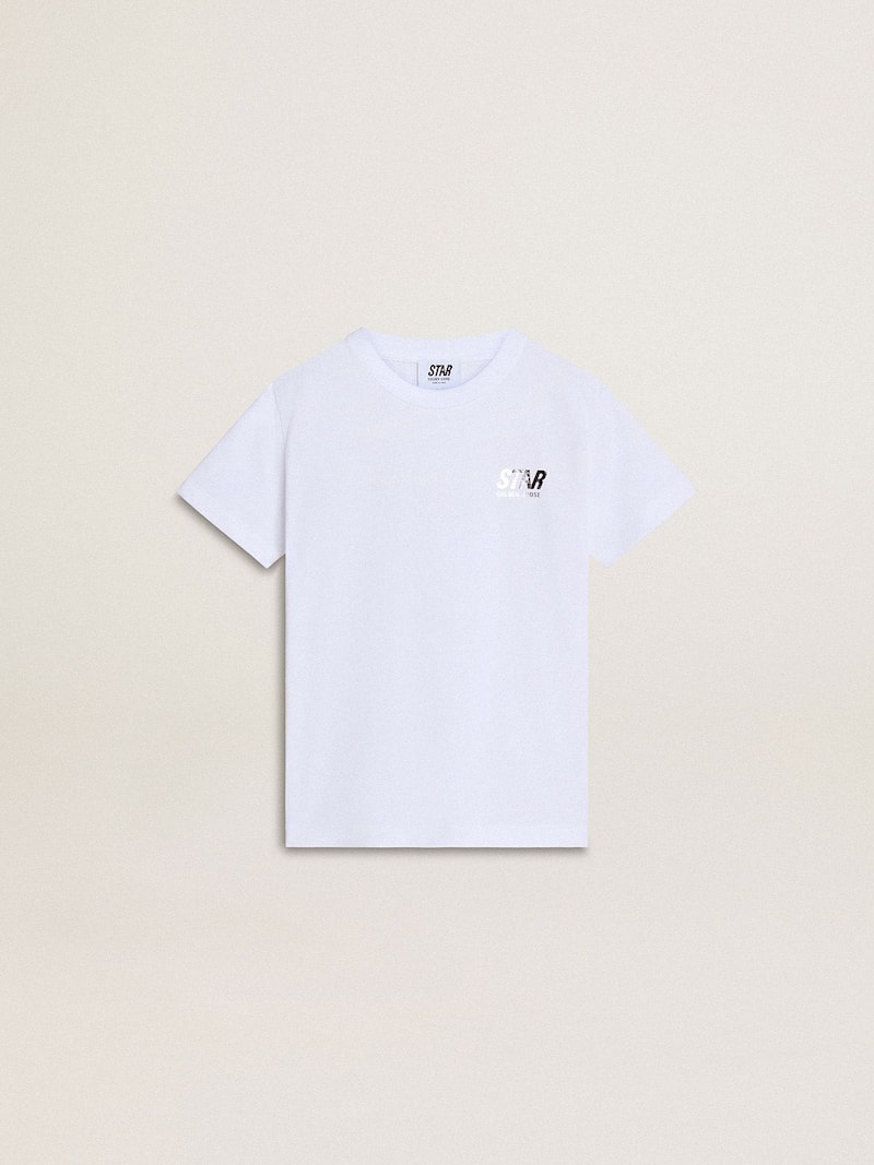 Kinder-T-Shirt aus weißer Baumwolle mit silberfarbenem Print