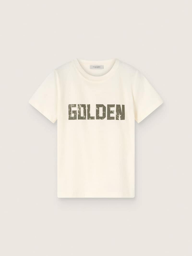 Kids&rsquo; T-shirt in white cotton jersey with green logo