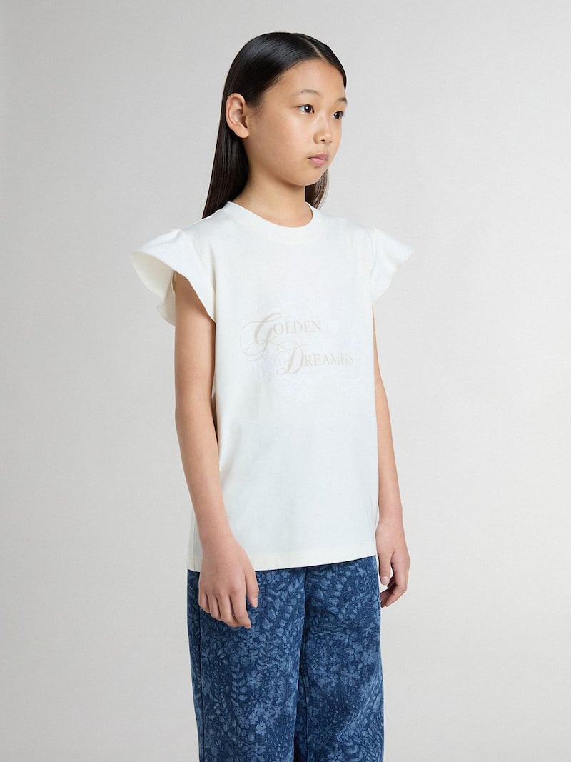 Golden Goose - Camiseta de ni&ntilde;a con mangas de volantes, con mensaje y bordado in 