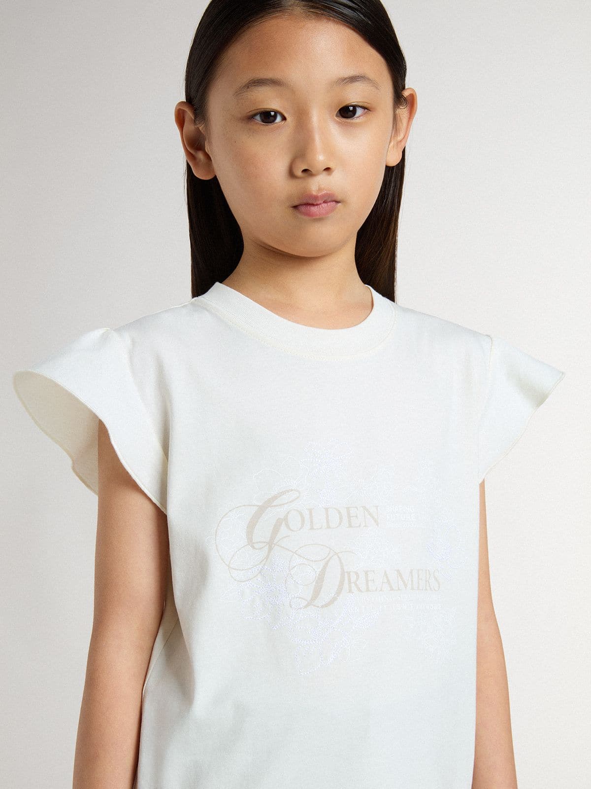 Golden Goose - Girls' T-shirt with ruffled sleeves with lettering and embroidery in 