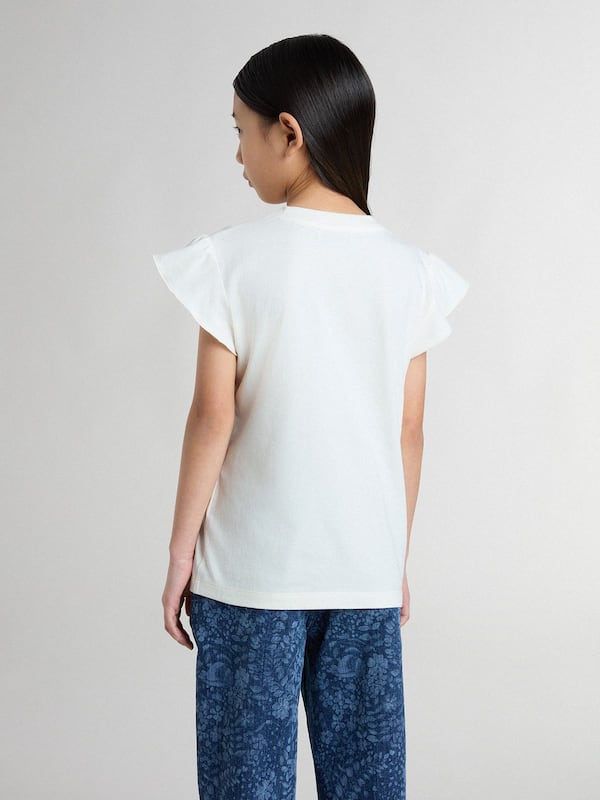 Golden Goose - Girls' T-shirt with ruffled sleeves with lettering and embroidery in 