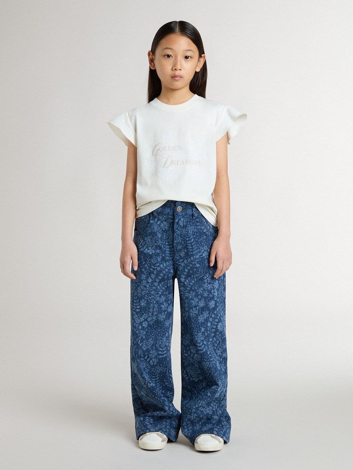 Golden Goose - Girls' T-shirt with ruffled sleeves with lettering and embroidery in 