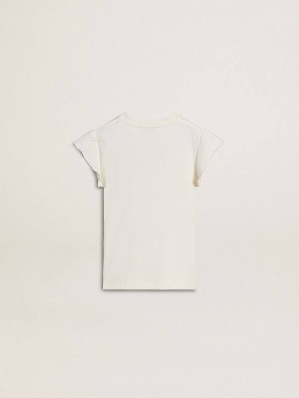 Golden Goose - Girls' T-shirt with ruffled sleeves with lettering and embroidery in 