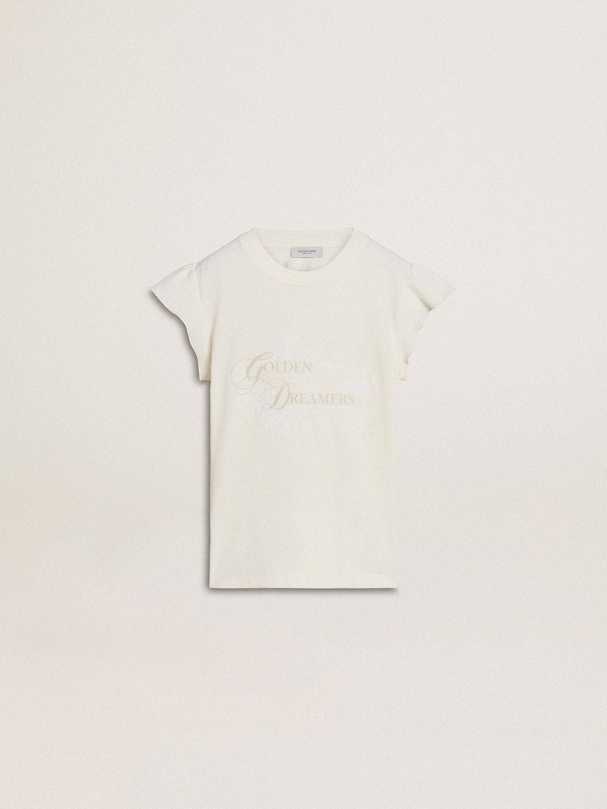 Golden Goose - Girls' T-shirt with ruffled sleeves with lettering and embroidery in 