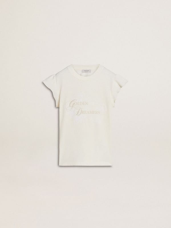 Golden Goose - Girls' T-shirt with ruffled sleeves with lettering and embroidery in 