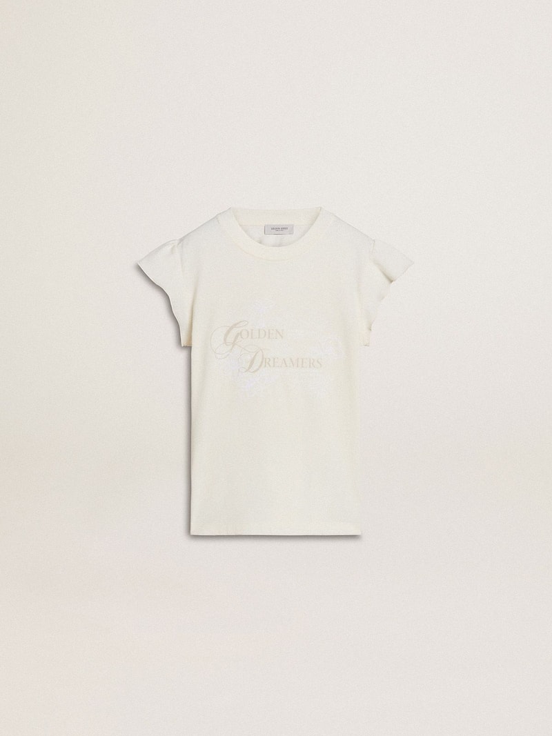 Girls' T-shirt with ruffled sleeves with lettering and embroidery