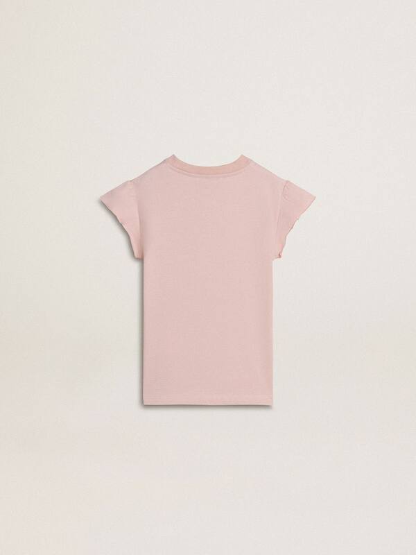 Golden Goose - Girls' pink T-shirt with ruffled sleeves and embroidery in 