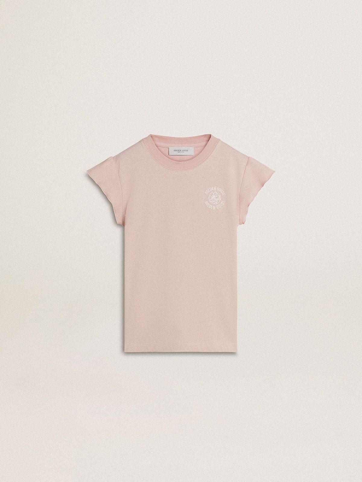 Golden Goose - T-shirt rosa con maniche a volant da bambina con ricamo in 