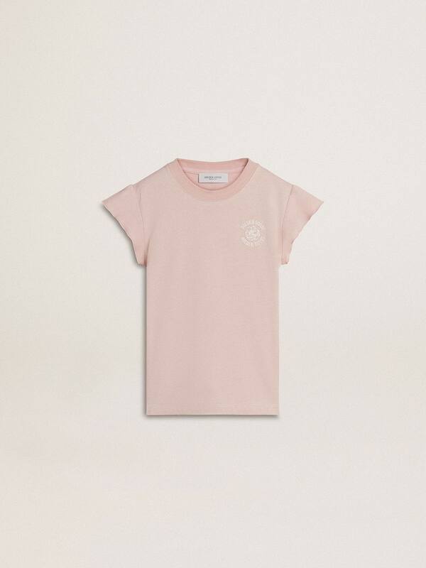 Golden Goose - Girls' pink T-shirt with ruffled sleeves and embroidery in 