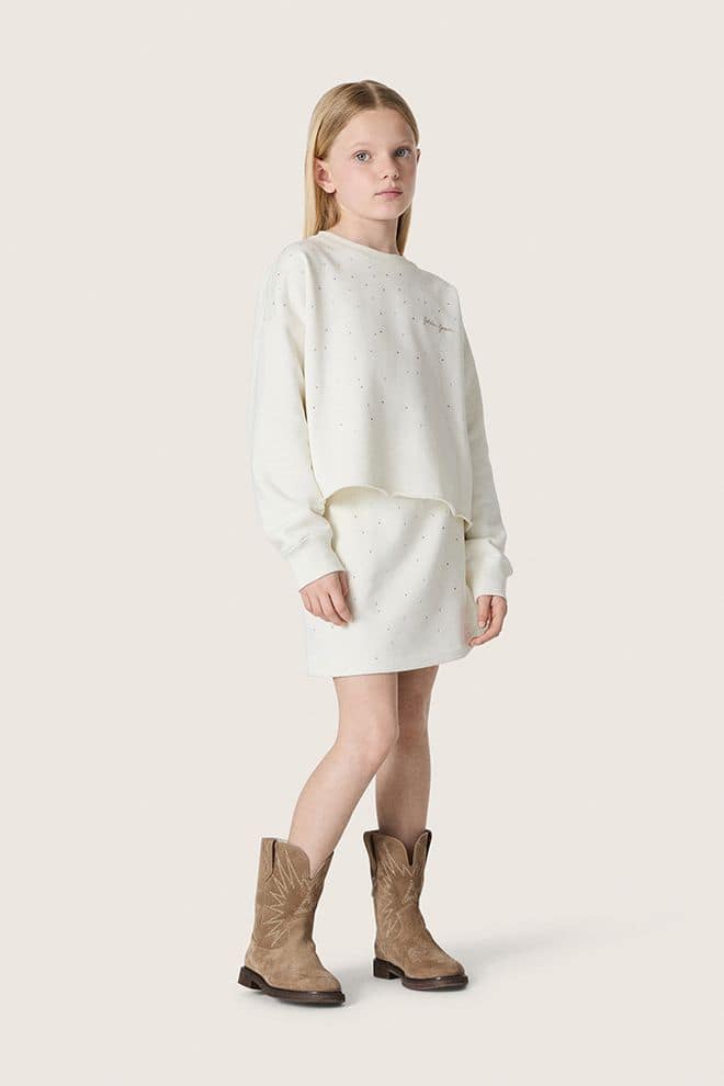 Golden Goose - Minissaia Infantil Feminina Journey de moletom de algod&atilde;o branco com cristais e bordado in 