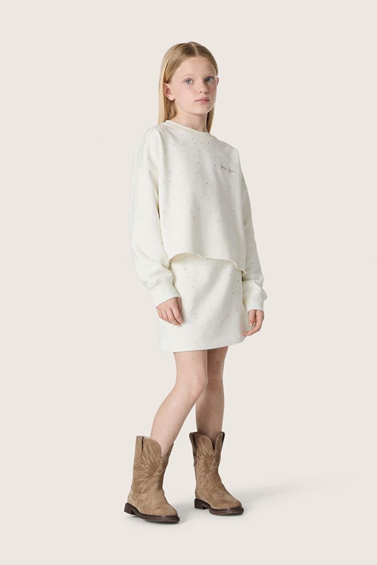 Minissaia Infantil Feminina Journey de moletom de algod&atilde;o branco com cristais e bordado