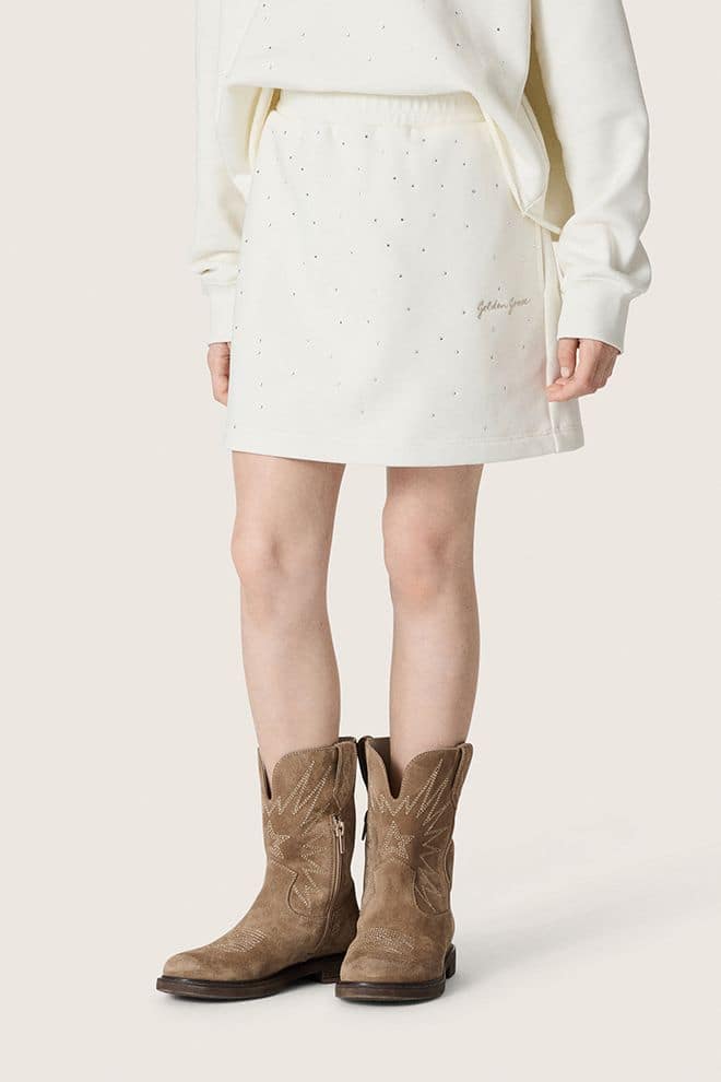 Golden Goose - Minissaia Infantil Feminina Journey de moletom de algod&atilde;o branco com cristais e bordado in 