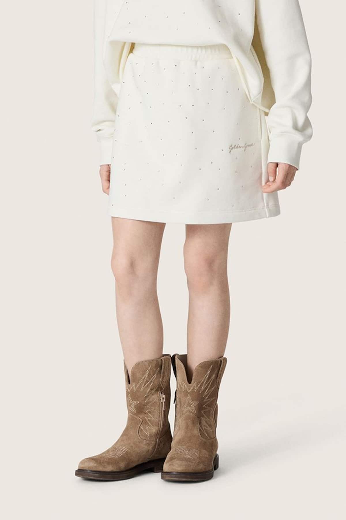 Golden Goose - Minissaia Infantil Feminina Journey de moletom de algod&atilde;o branco com cristais e bordado in 