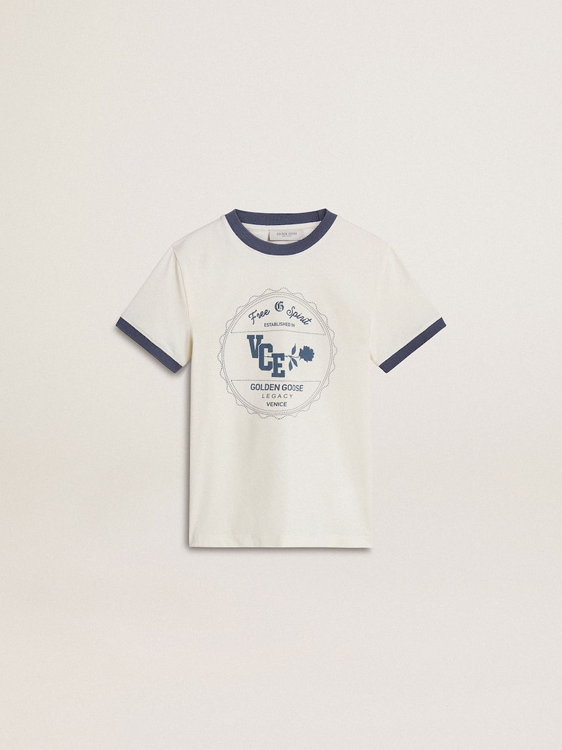 Camiseta infantil masculina branca com estampa azul