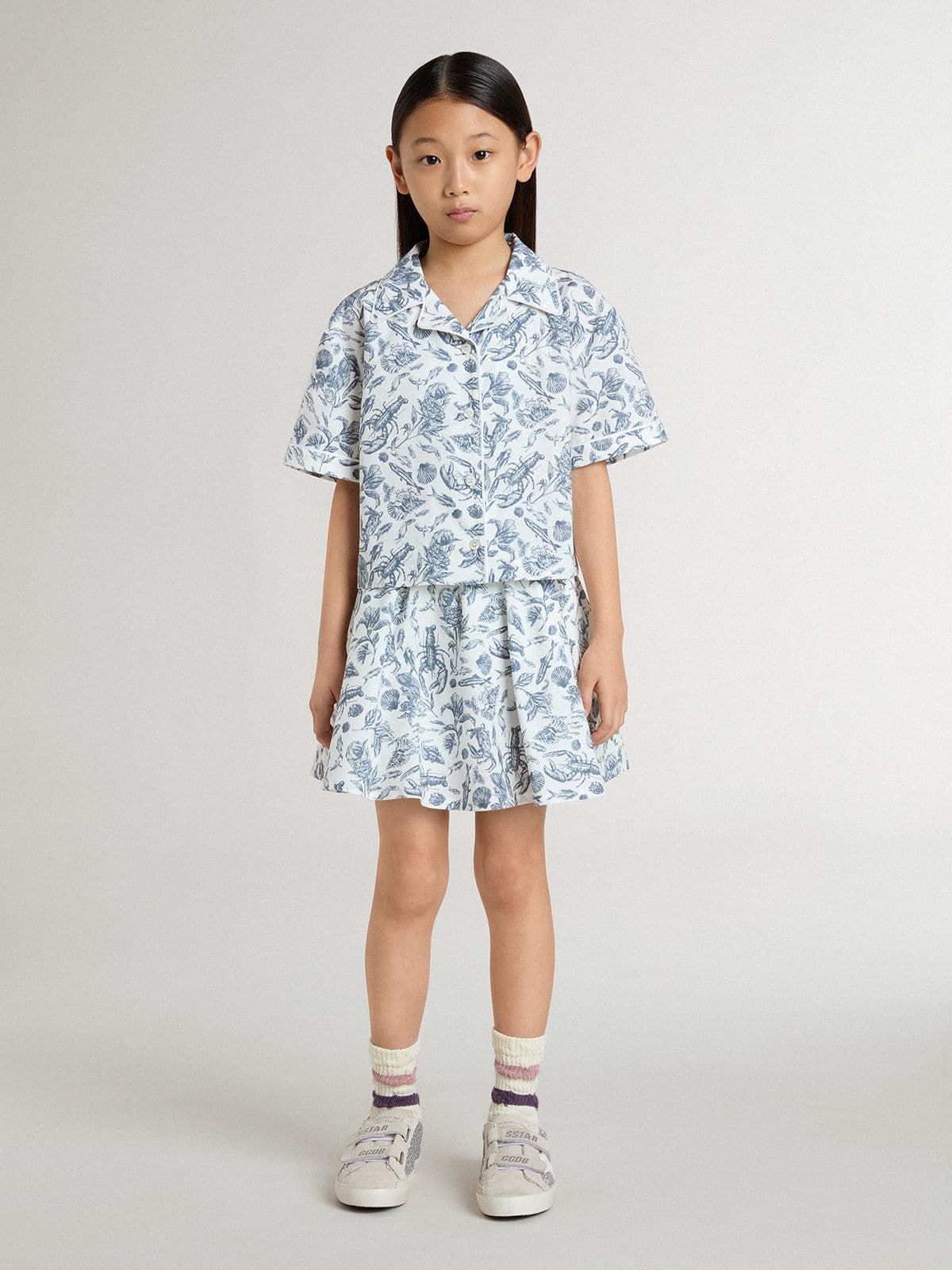 Golden Goose - Camicia cropped da bambina bianca con stampa blu in 