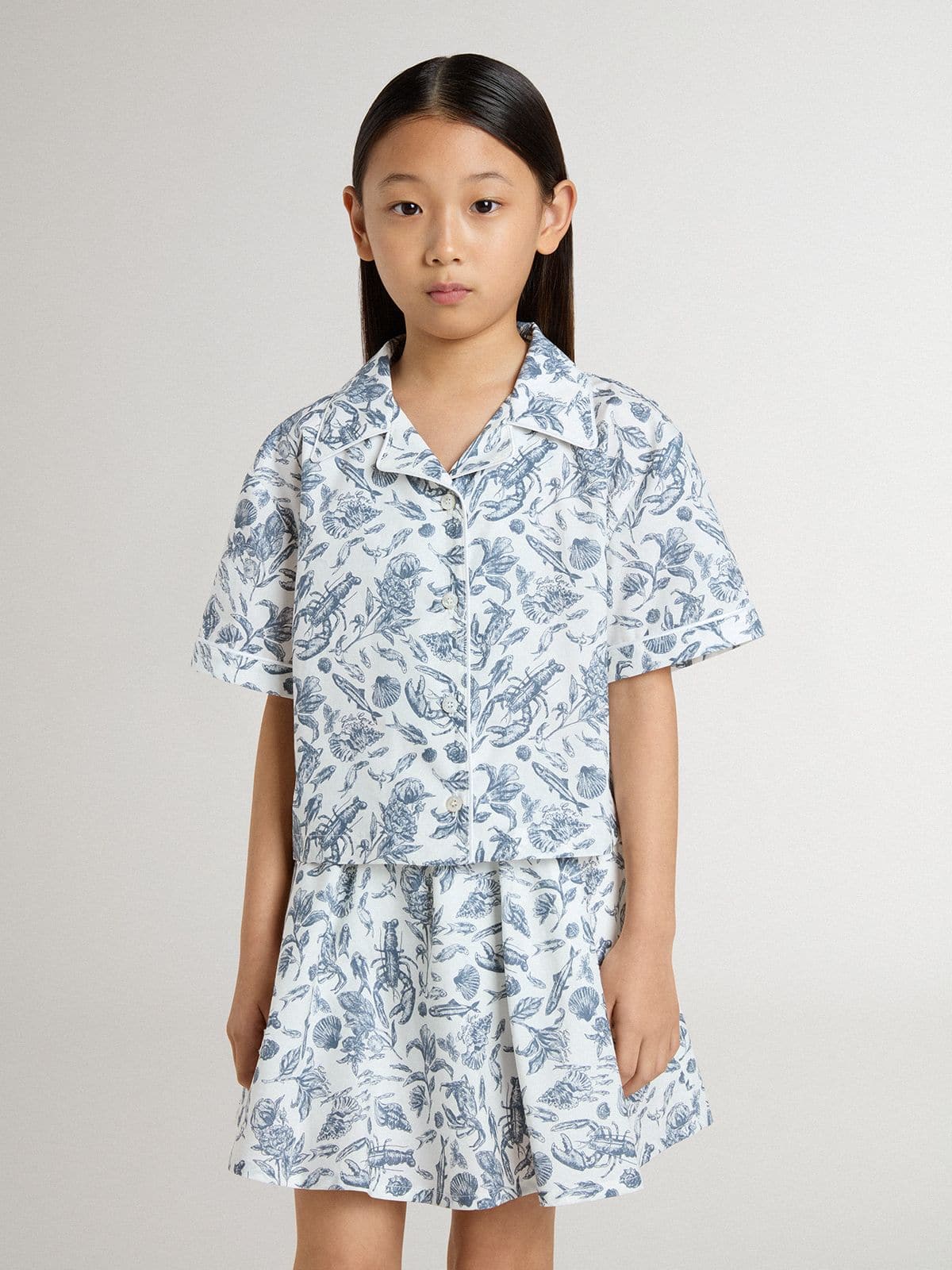 Golden Goose - Camicia cropped da bambina bianca con stampa blu in 
