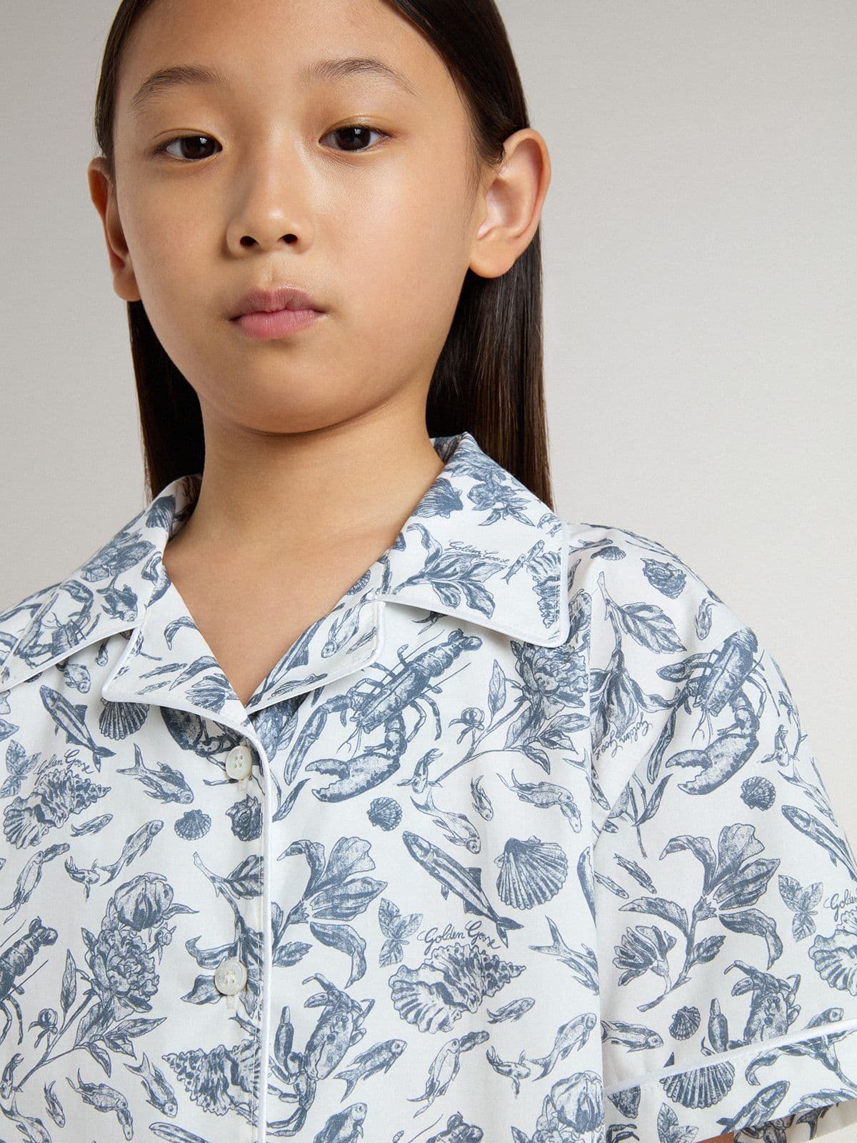Golden Goose - Camicia cropped da bambina bianca con stampa blu in 