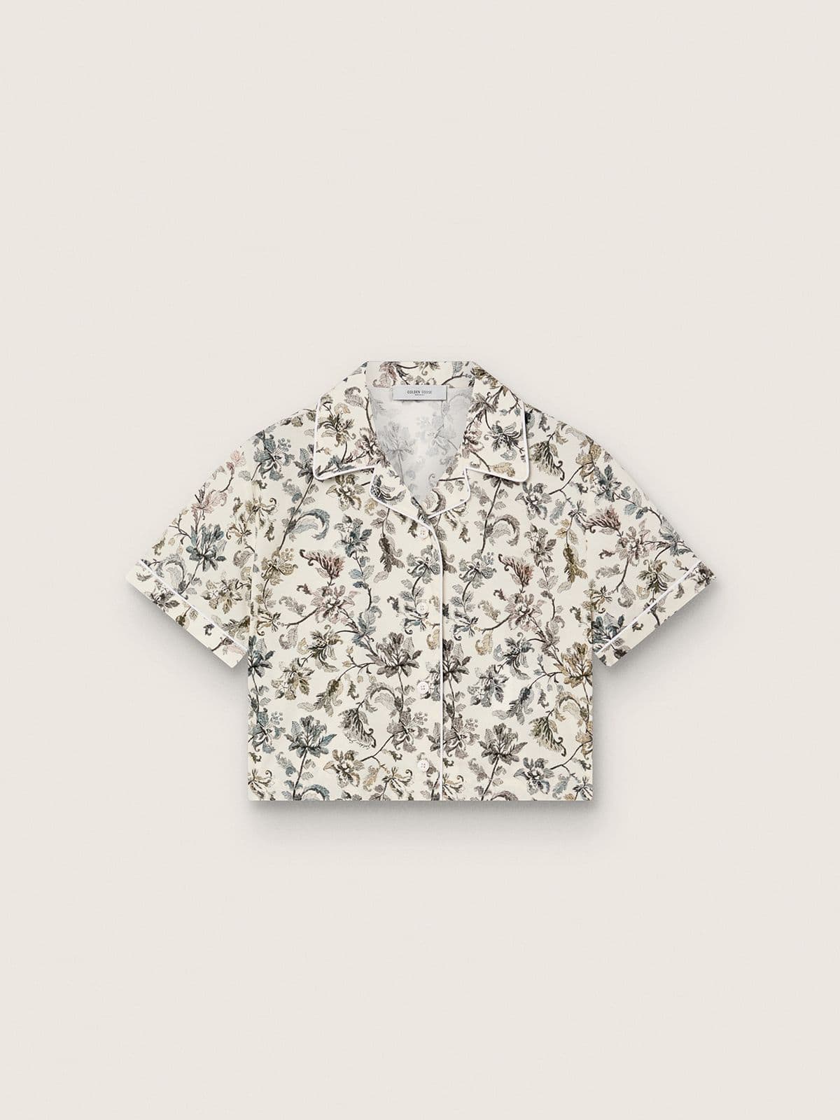 Golden Goose - Wei&szlig;es M&auml;dchen-Kurzarmhemd Journey aus Baumwollcanvas mit gr&uuml;n-wei&szlig;em Blumenprint in 