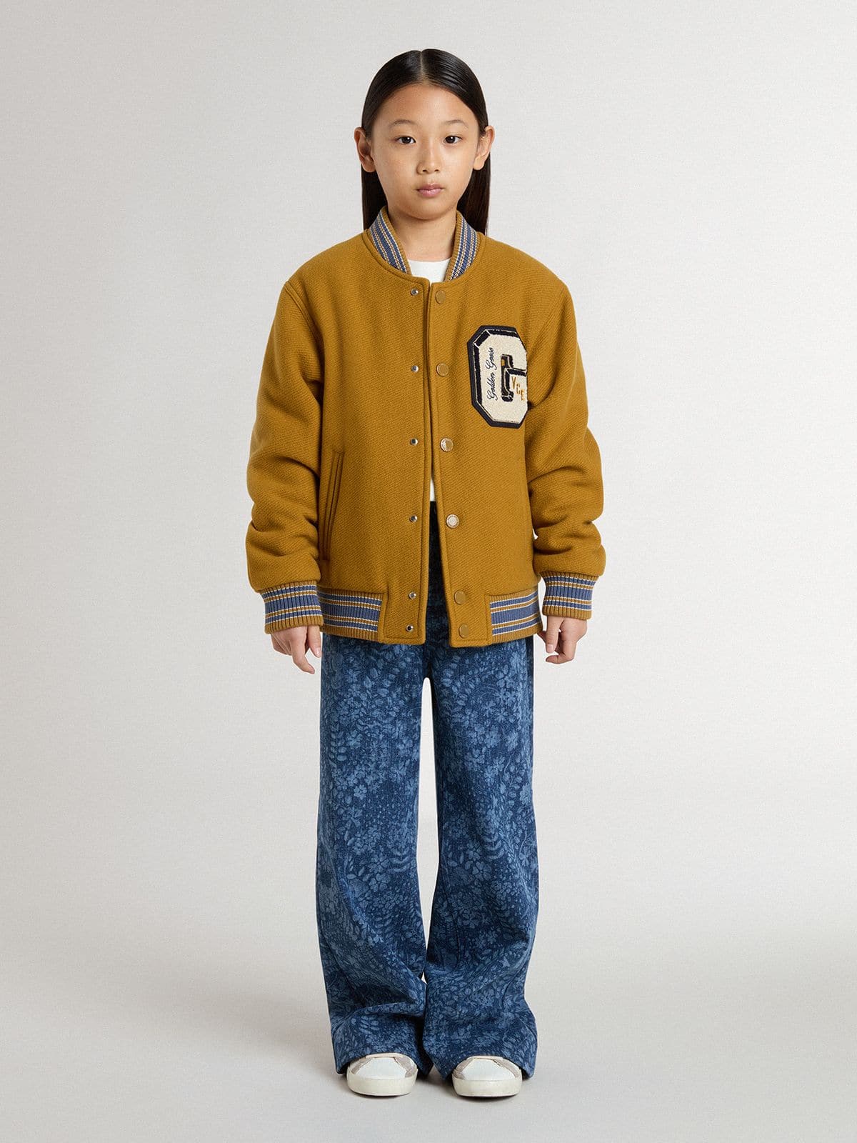 Kids’ wool bomber jacket in ochre yellow with patch 