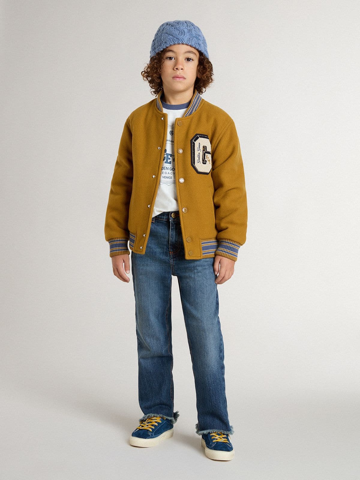 Buy Kids' wool bomber jacket in ochre yellow with patch for
