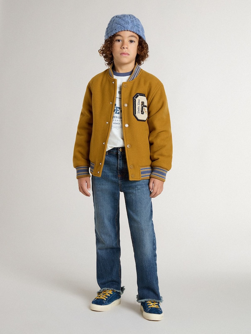 Golden Goose - Jaqueta Kids bomber de l&atilde; cor amarelo-ocre com patch in 