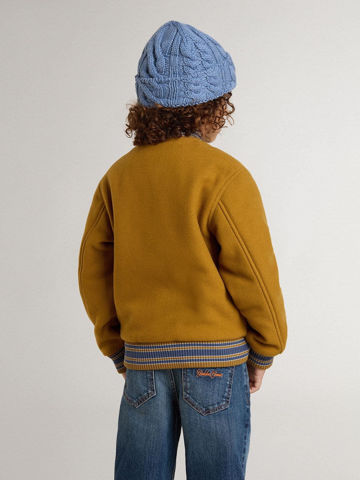 Buy Kids' wool bomber jacket in ochre yellow with patch for