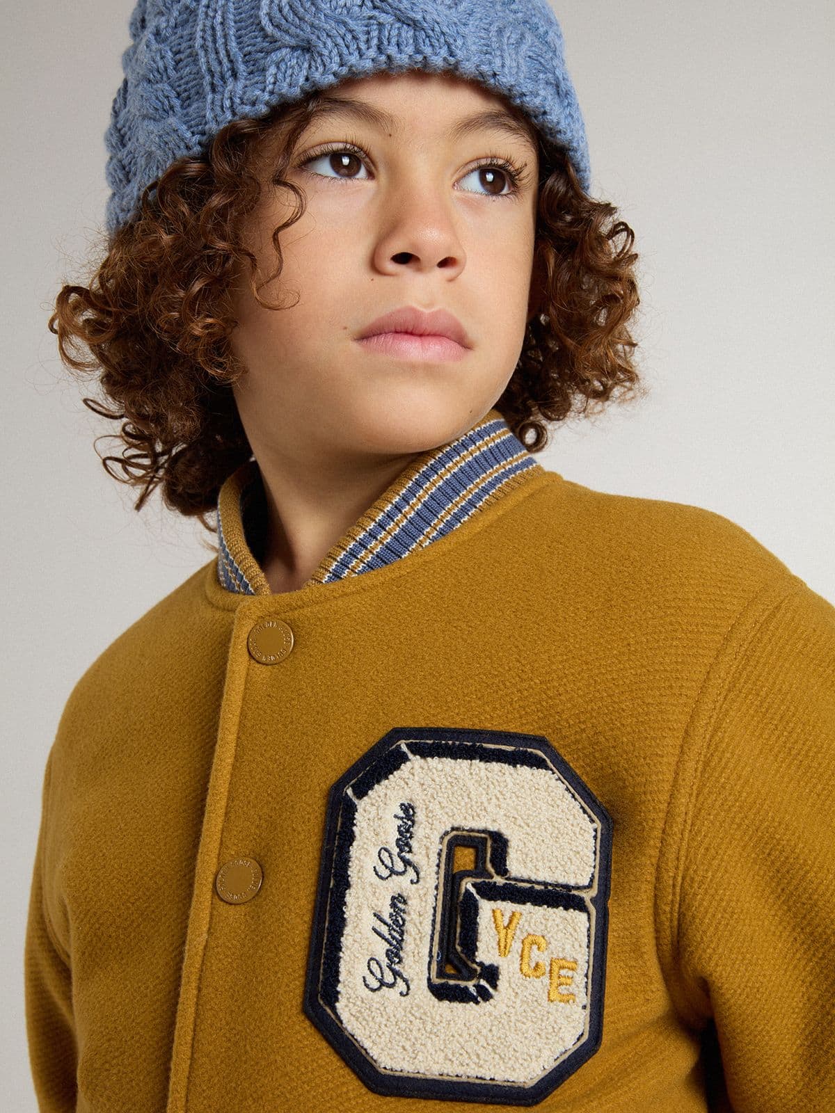 Golden Goose - Kids’ wool bomber jacket in ochre yellow with patch  in 