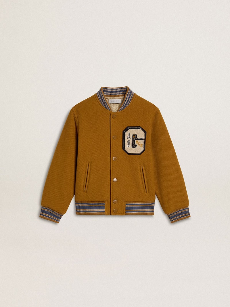 Kids’ wool bomber jacket in ochre yellow with patch 