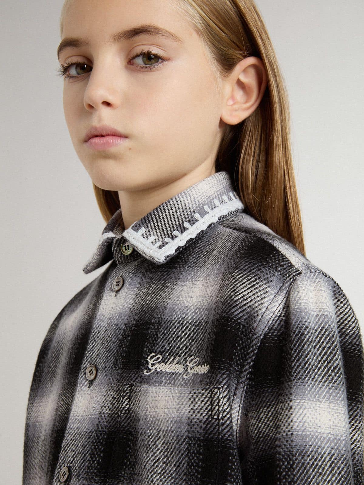 Golden Goose - Camisa Kids xadrez preto e branco com bordados brancos in 