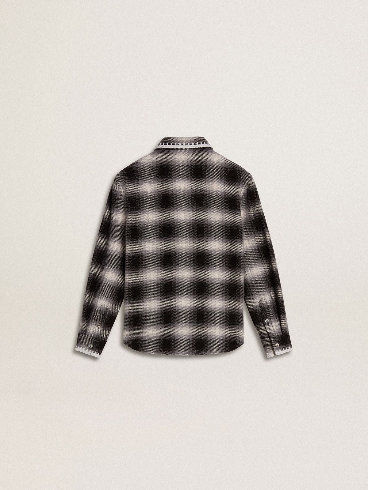 Golden Goose - Camicia Kids a quadri bianca e nera con ricami bianchi in