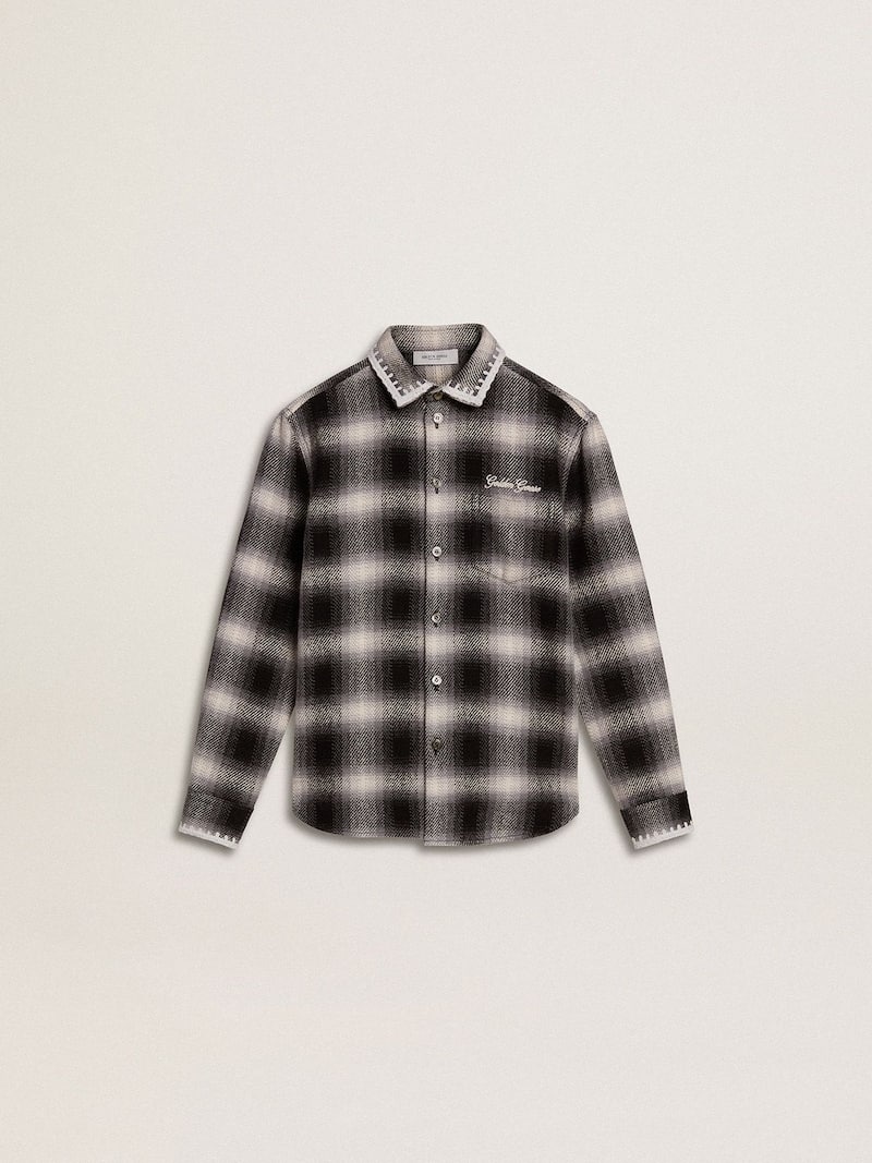 Kids' black and white checked shirt with white embroidery