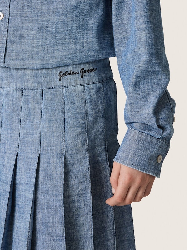 Golden Goose - Azurblauer M&auml;dchen-Minirock Journey aus Baumwollchambray mit Plissee und Sticklogo in 