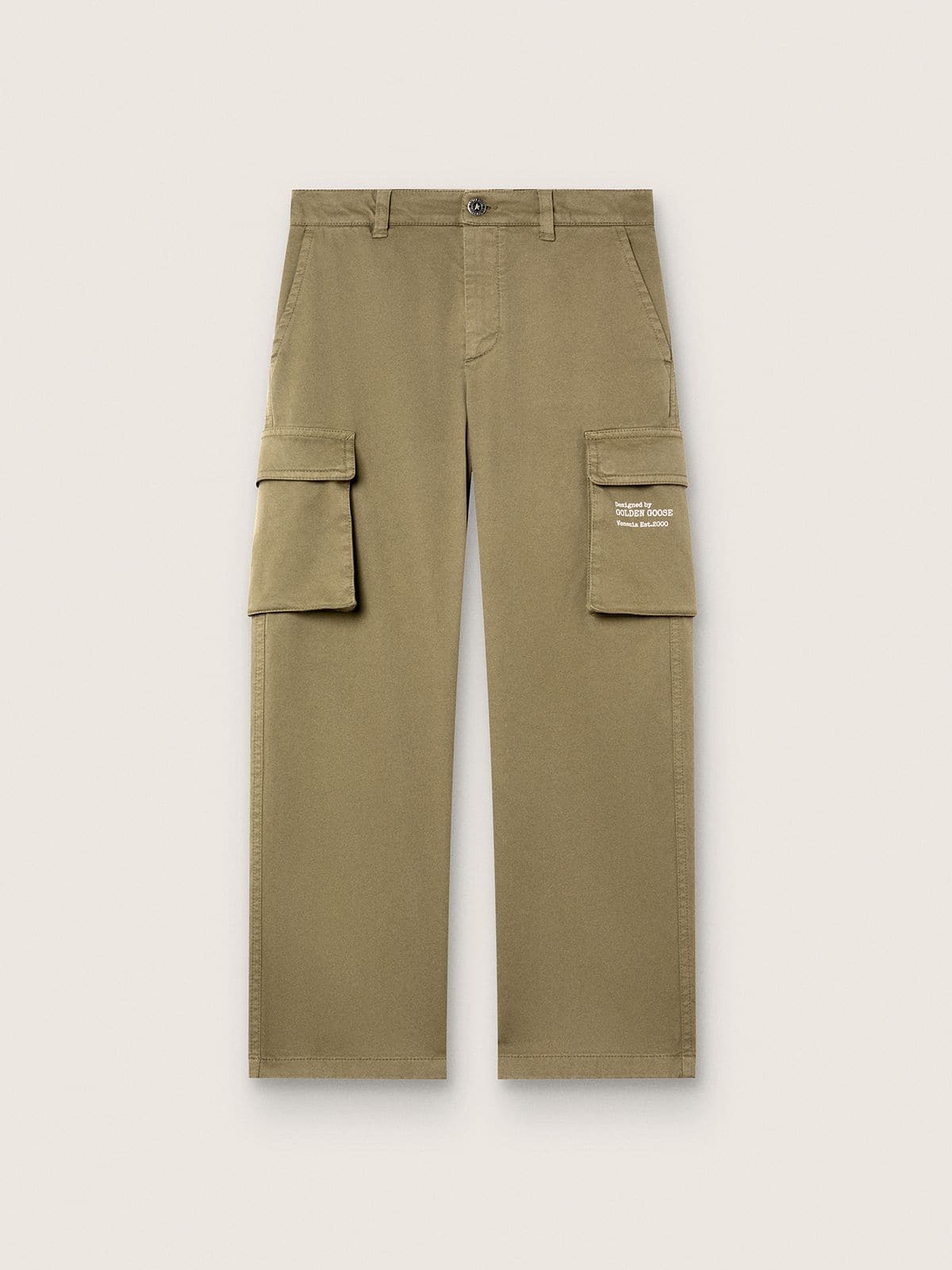 Golden Goose - Cal&ccedil;a cargo Infantil Masculina Journey de gabardine de algod&atilde;o verde militar com estampa in 