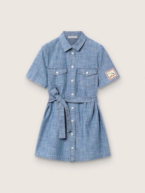 Golden Goose - Robe chemisier &agrave; manches courtes pour fille Journey en chambray de coton bleu ciel avec patch brod&eacute; in 