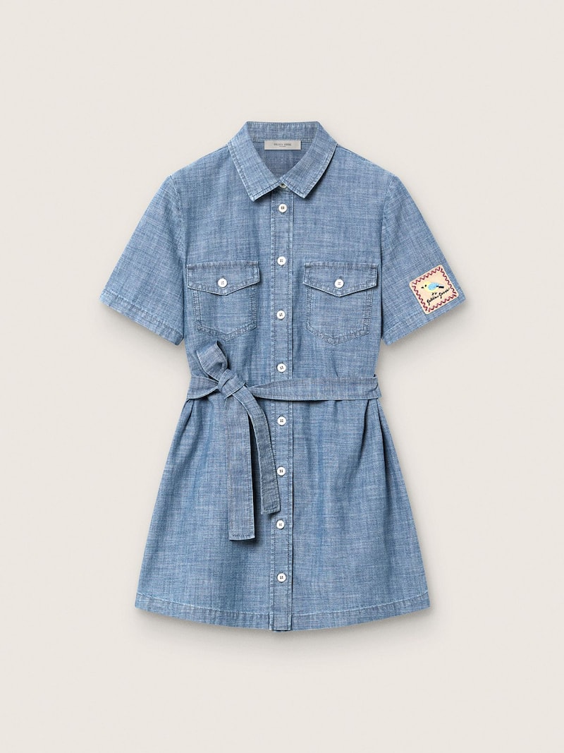 Vestito chemisier a maniche corte da Bambina Journey in chambray di cotone azzurro con patch ricamato