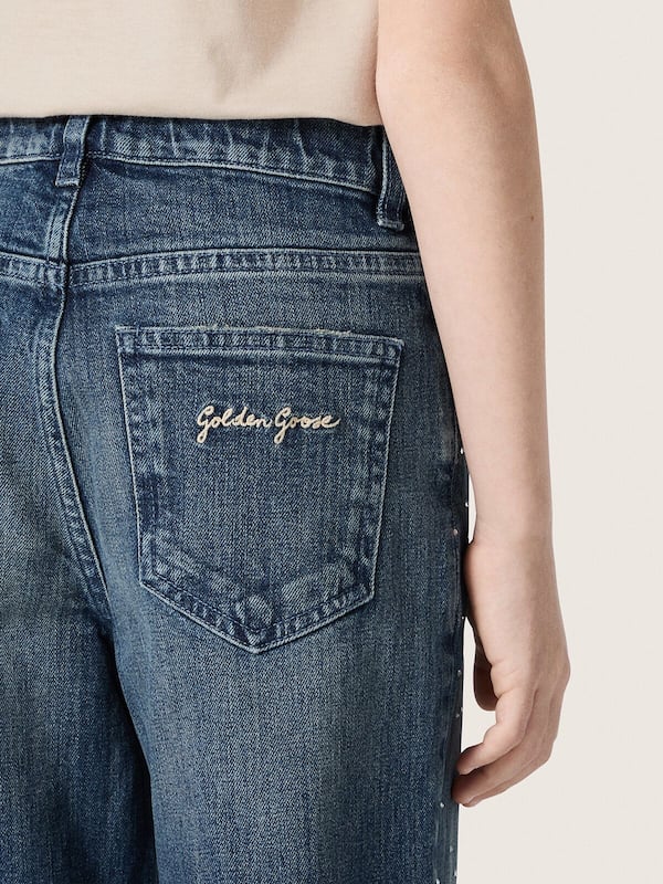 Golden Goose - Jeans bootcut da Bambina Journey in denim blu con strass degrad&eacute; in 