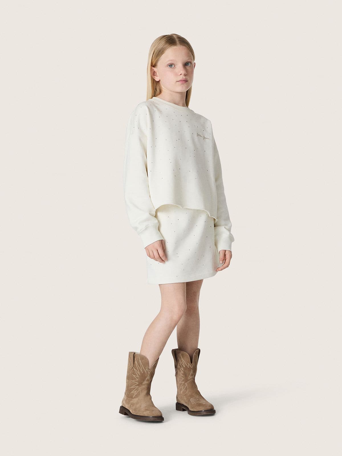 Felpa da Bambina Journey in cotone bianco con cristalli applicati e logo