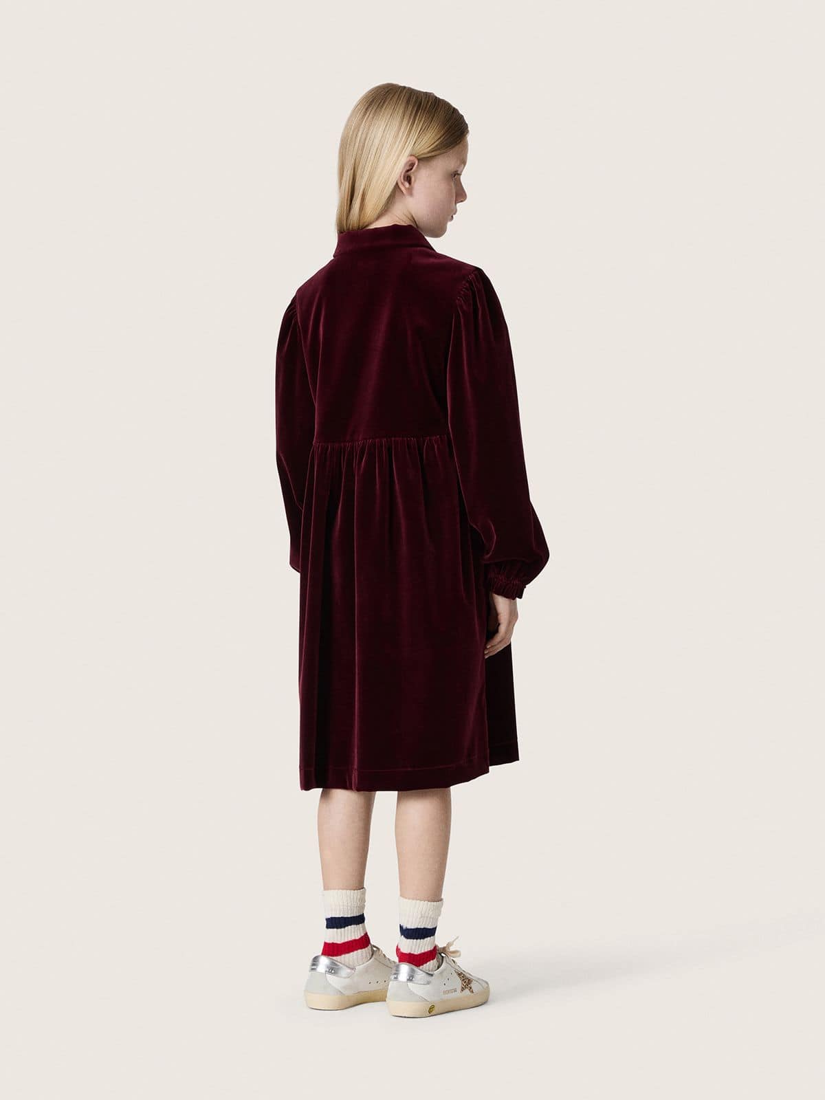 Golden Goose - Girls’ burgundy velvet-effect dress with embroidery on the front in 