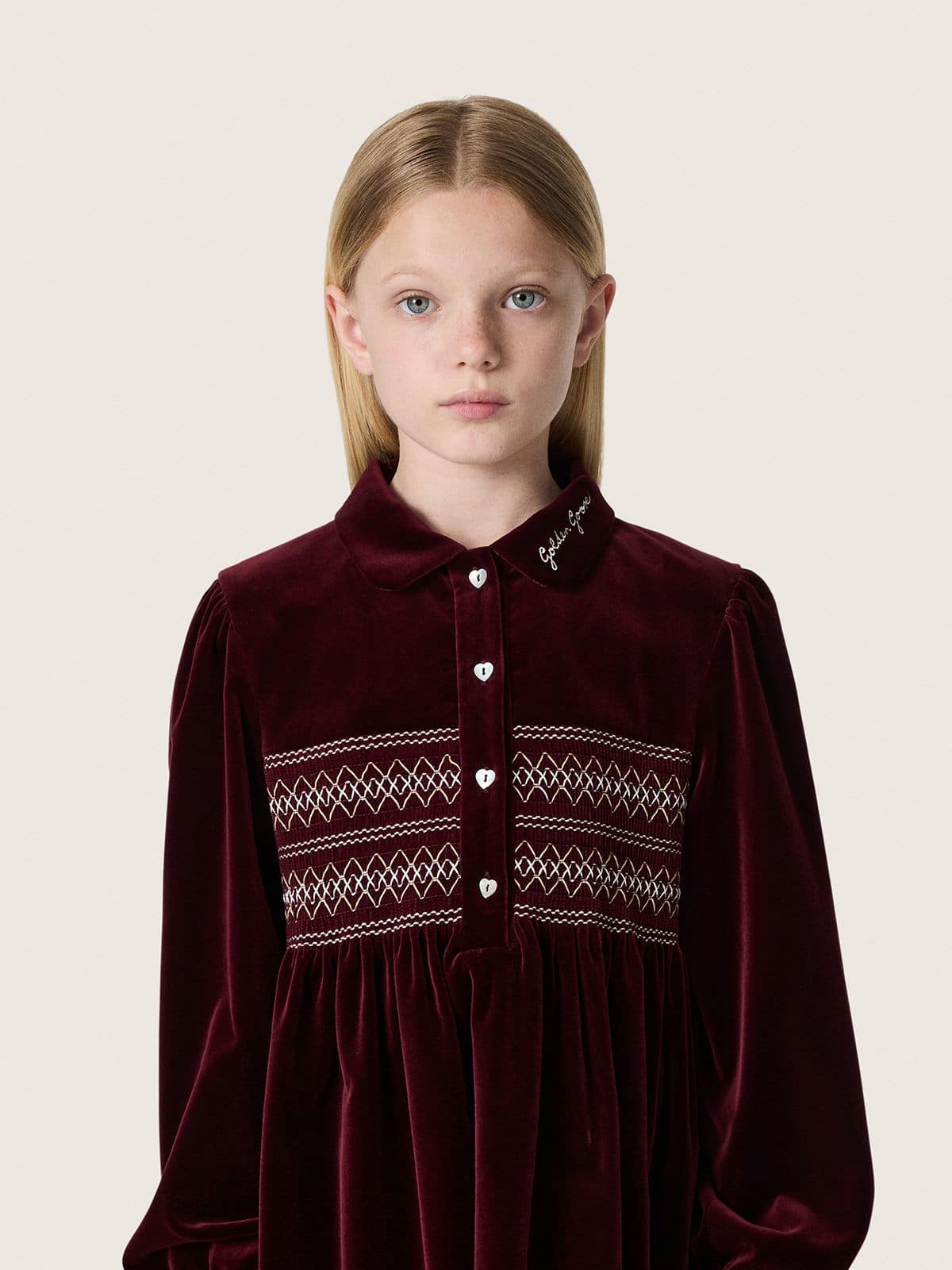 Golden Goose - Girls’ burgundy velvet-effect dress with embroidery on the front in 