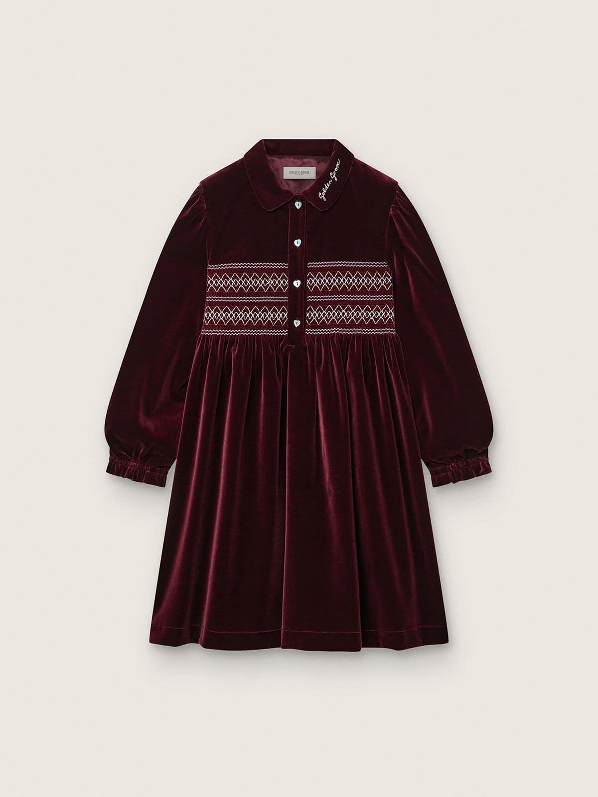 Golden Goose - Girls’ burgundy velvet-effect dress with embroidery on the front in 