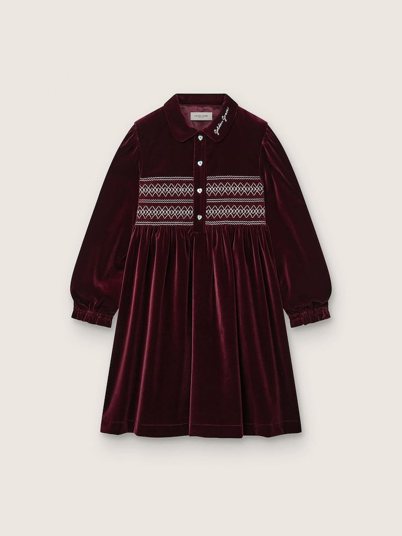 Girls’ burgundy velvet-effect dress with embroidery on the front