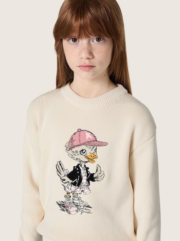 Golden Goose - Pull pour fille Golden en fil de coton blanc avec broderie mascotte in 