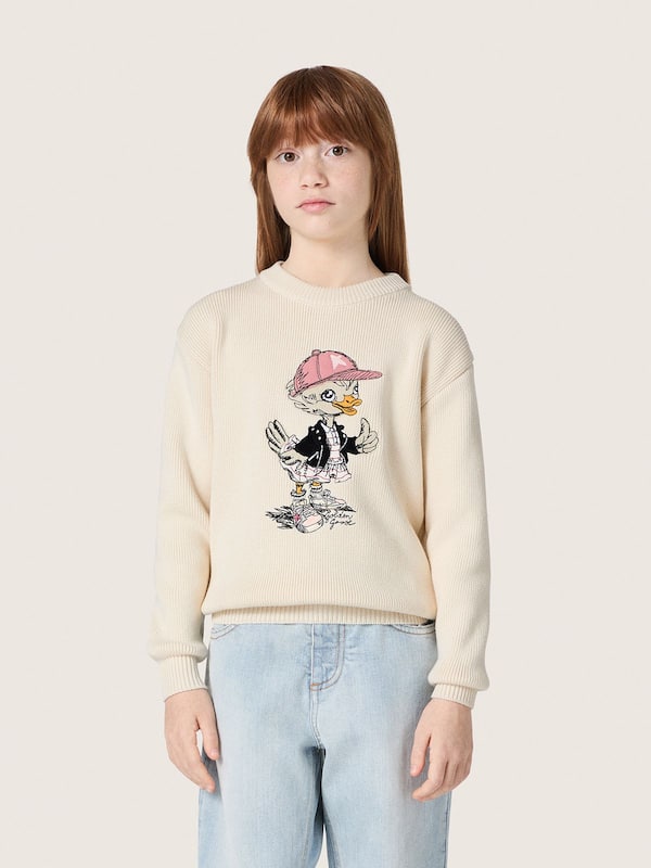 Golden Goose - Pull pour fille Golden en fil de coton blanc avec broderie mascotte in 