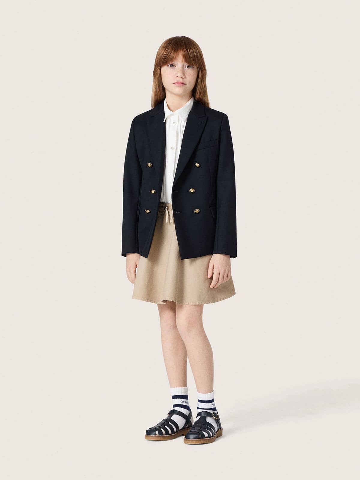 Minissaia Infantil Feminina Journey de gabardine de algod&atilde;o bege com estampa